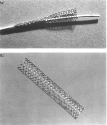 Figure I The stainless steel, multi-filament, self-expanding, macropor- macropor-ous prosthesis during use: (a) mounted on the debvery catheter, (b) fully expanded in the unconstrained state.