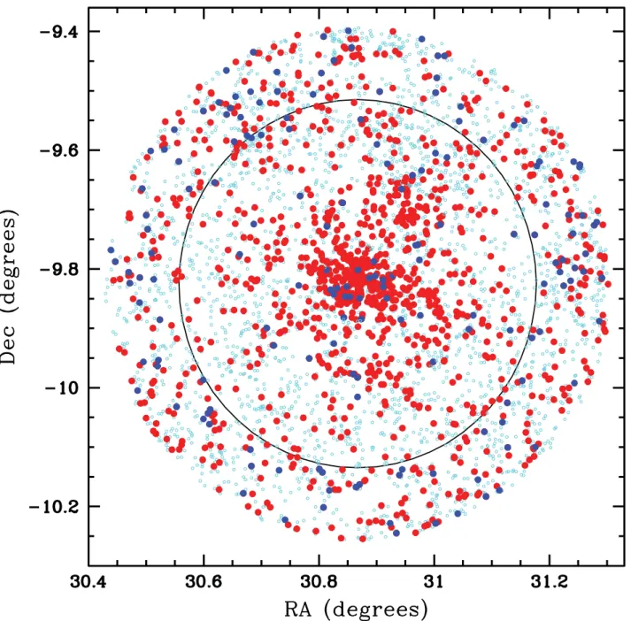 Figure 6. The spatial distribution of galaxies in the field of view (r < 7 Mpc) of one example cluster