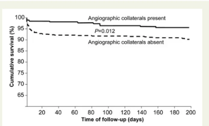 Figure 7 Cumulative survival related to all-cause mortality in patients with and without angiographically visible collateral vessels during percutaneous coronary intervention in the context of acute myocardial infarction.