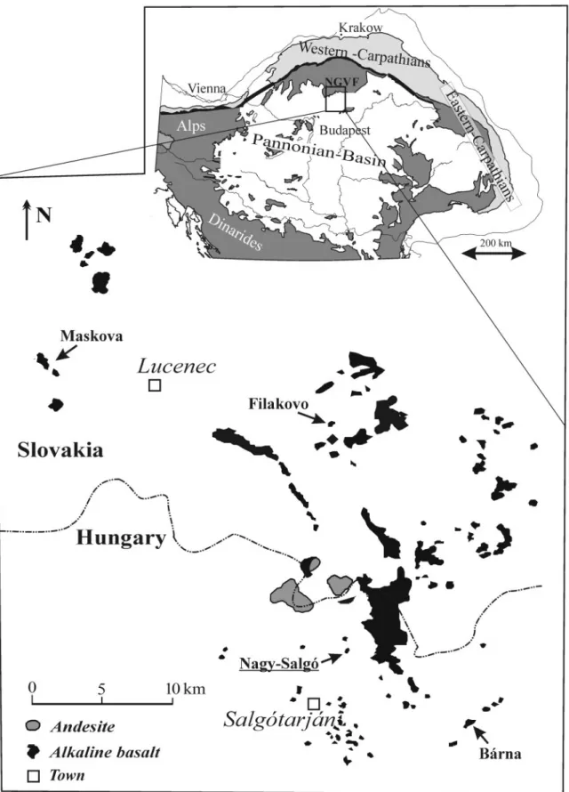 Fig. 1. Map of the No¤gra¤d^Go«mo«r Volcanic Field. The most important alkaline basalt (sensu lato) occurrences are shown; the studied xenoliths were collected from Nagy-Salgo¤.