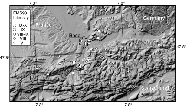 Figure 2. Intensity map for the 1356 October 18 Basel earthquake with data from the Swiss Seismological Service re-evaluated historical seismicity catalogue (F¨ah et al