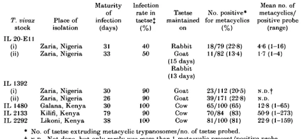 Table 1. An estimate of the number of metacyclic trypanosomes of various Trypanosoma vivax stocks extruded in salivary probes by Glossina morsitans centralis