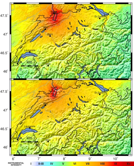 Figure 9. Intensity shaking scenario based on the M W 6.6 1356 Basel event. Top panel: SEDShakeMap32 computations, using CH08, KF06 and the site amplification estimates of Cua et al