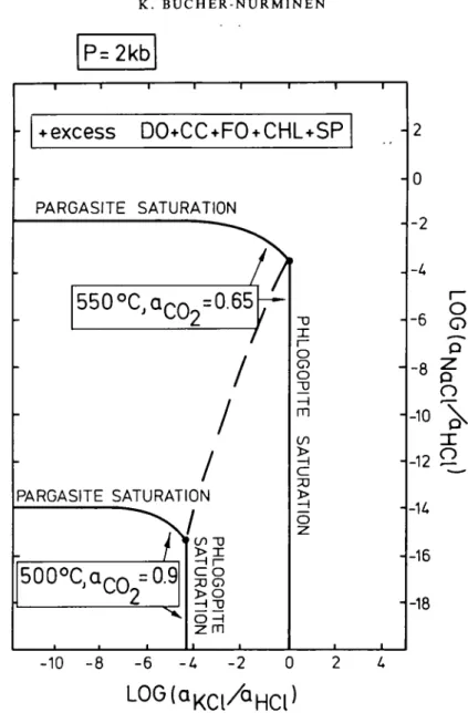 FIG. 12. Saturation conditions for phlogopite and pargasite in the presence of calcite, dolomite, forsterite, chlorite and spinel at 2 kb and 500 and 550 °C respectively