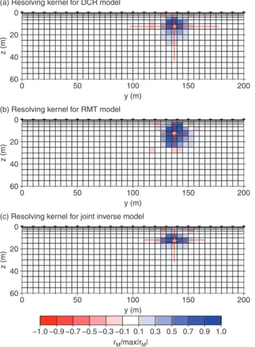 Figure 5. Resolving kernels derived from the smoothness-constrained scheme for cell D in the deep conductor