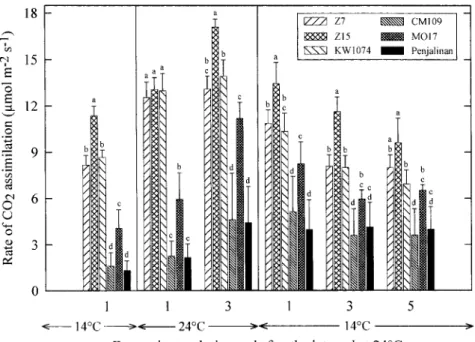 Fig. 1. E ff ects of changes in temperature on the net rate of photosynthetic CO 2 assimilation in the third leaf of three chilling-tolerant (Z7, Z15 and KW1074) and three chilling-sensitive (CM109, MO17 and Penjalinan) genotypes of Zea mays