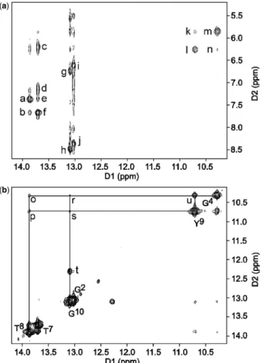 Figure 5. The NOESY spectrum for the DDD-GY duplex. (a) Interstrand NOEs between complementary bases