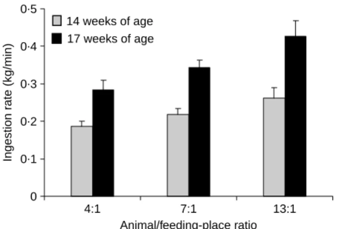 Figure 4 Average ingestion rate ( ^ s.e.) of fattening pigs given food at different animal/feeding-place ratios at different ages.
