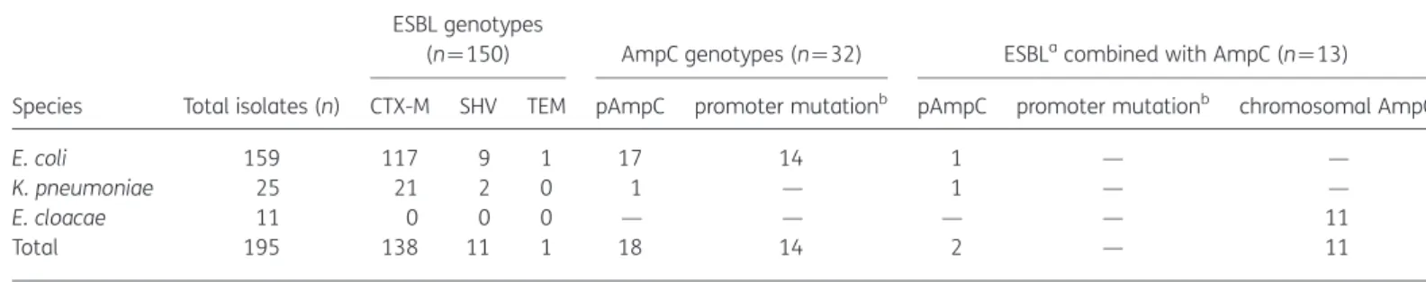 Table 1. ESBL and/or AmpC genotypes of the Enterobacteriaceae isolates included in the study