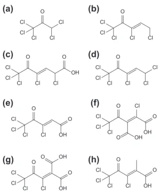 Fig.  1.  Structures  of  trichloroacetyl-containing  compounds  formed  by  chemical  chlorination of dihydroxyaromatic model compounds (a–d) (Boyce and Horning, 1983) and humic acid (e–h) (de Leer et al., 1985).