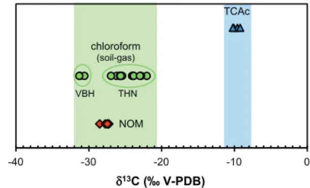 Fig. 2. d 13 C values of natural chloroform in soil–gas measured at VBH hotspot (n = 3,  d 13 C mean =  31.0‰)  and THN  hotspot (n =  12,  d 13 C mean =  24.6‰)  at  0.5  m  depth  (green circles),  d 13 C values of trichloromethyl groups of TCAc in THN a