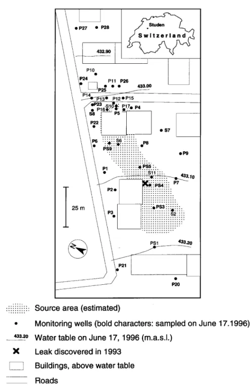 Figure 1. Location and map of source area and monitoring wells at the Studen site.