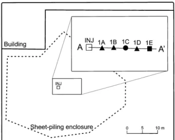 FIGURE 2. Map of field site with location of sheet-piling enclosure, bundle wells, and location of permanganate injection point (INJ).