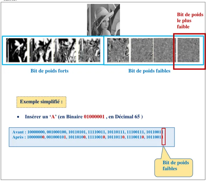 Figure 3.5 : Exemple de modification de bits de poids faibles et forts et leur influence sur les  caractéristiques de l’image (plan de bit) 