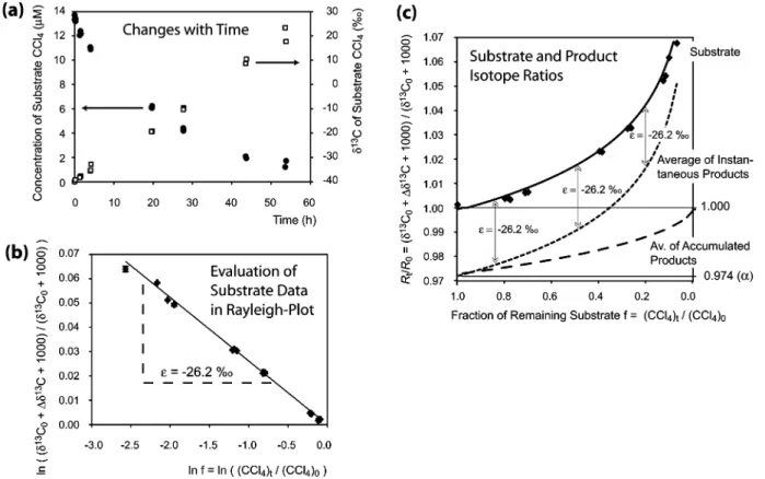 FIGURE 1. Carbon-isotope fractionation measured during reductive dehalogenation of carbon tetrachloride (CCl 4 ) by a reduced iron porphyrin ( 62 )