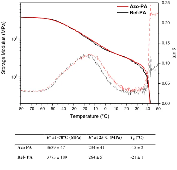 Figure  S25.  Representative  dynamic  mechanical  analysis  (DMA)  traces  of  films  of  the  azo- azo-containing polyamide azo-PA (solid red line) and the reference polymer ref-PA (black line)