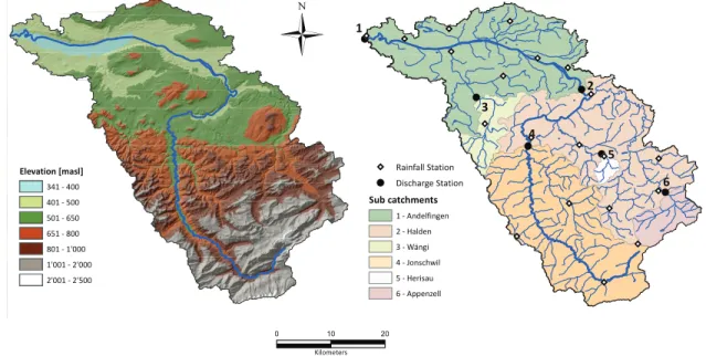 Fig. 3.1: (a) The digital elevation map of the Thur basin. The main morphological sections of the basin, the pre-alpine (to the south) and the Swiss plateau (to the north), are easily distinguished