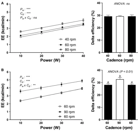 Figure 4. Energy expenditure (EE) as a function of power at different cadences (40, 60, 80 rpm, panel A; and 60, 90, 60 rpm, panel B).