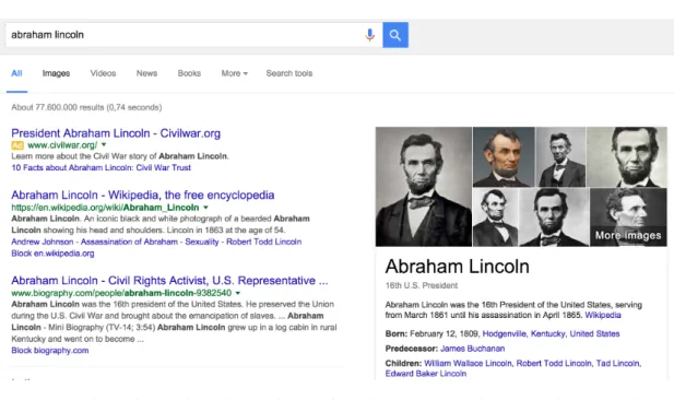 Figure 1.1 – The web interface of Google search with results from their Knowledge Graph (on the right).