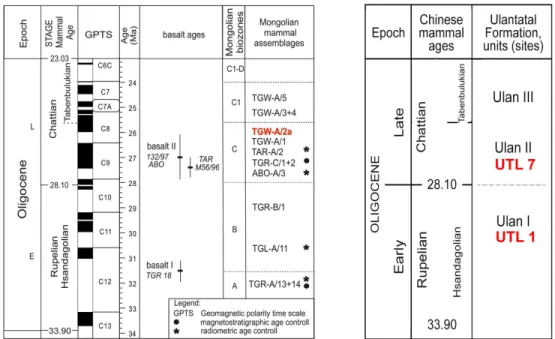 Fig 1. Stratigraphic chart, modified after Daxner-Ho ¨ ck et al. [44, 51, 52]. It includes the geologic time scale [53], basalt ages and Mongolian biozones A to C1-D [44], Mongolian mammal assemblages [53] and magnetostratigraphical data [54]