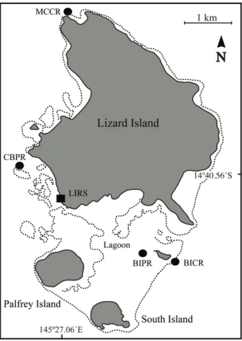 Figure 1. Lizard Island Group. Study reef locations are indicated by filled  circles:  Mermaid  Cove  continuous  reef  (MCCR),  Corner  Beach  patch  reefs  (CBPR),  Bird  Island  continuous  reef  (BICR)  and  Bird  Island  patch  reefs  (BIPR)