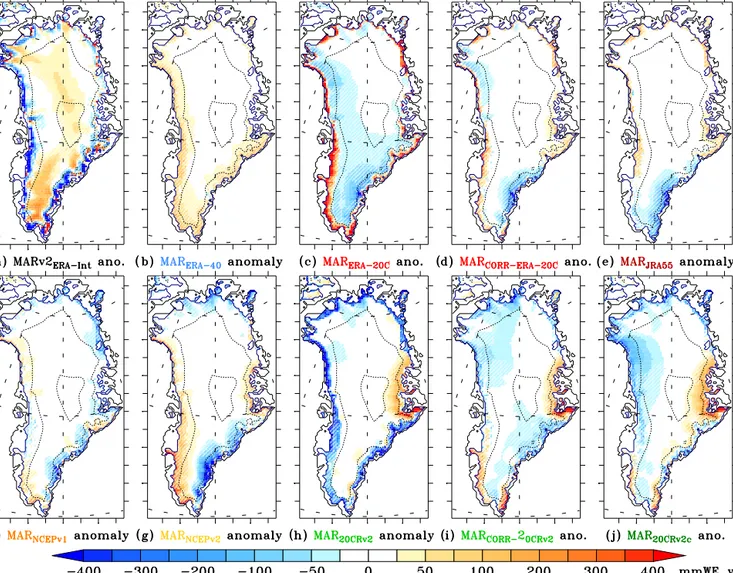 Figure 3. (a) Difference between the mean annual SMB (in mm.w.e. yr −1 ) simulated by MARv2 forced by ERA-Interim and MARv3.5.2 forced by ERA-Interim over 1980–1999