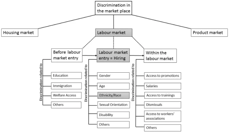 Figure 1: Fields of discrimination in the market place, emphasis on ethnic and racial  discrimination in hiring decisions