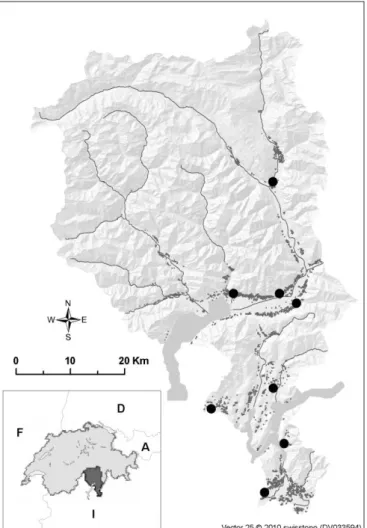 Figure  2:1  Location  of  the  eight  vineyard  complexes  (black  dot)  selected  for  our  study  within the vineyard region (dark-grey areas) of  Southern Switzerland