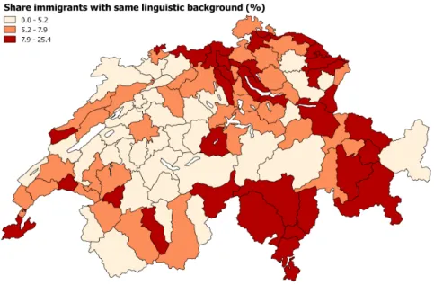 Figure 2: Incidence of immigrants with same and different linguistic background out of total pop- pop-ulation by spatial mobility region
