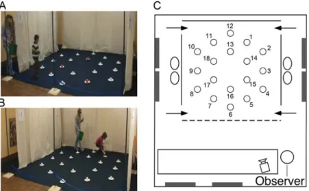 FIGURE 1 A. Picture of a participant in the arena in the encoding/local cue condition