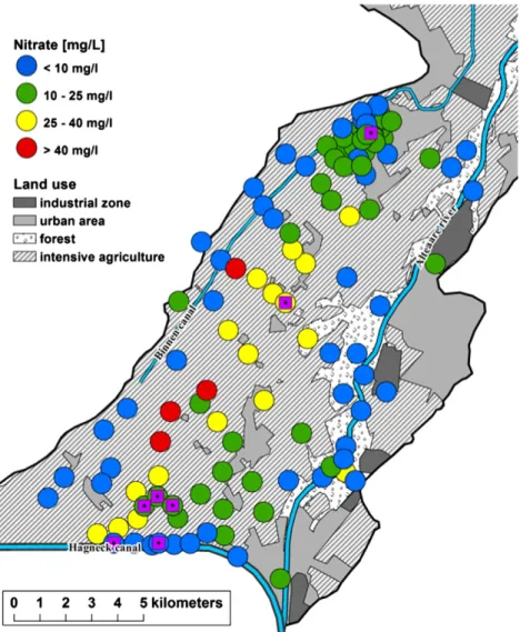 Fig. 2 illustrates the spatial distribution of nitrate concen- concen-trations. Despite the relatively homogeneous land use at a large  scale,  dominated  by  intense  agriculture,  nitrate  concentrations are spatially heterogeneous with concentrations va