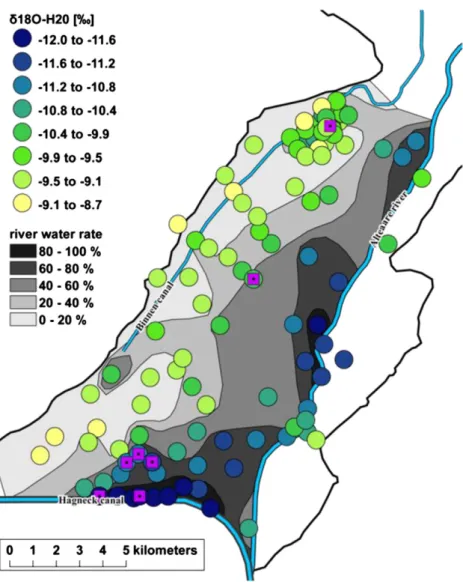 Fig. 4. Spatial distribution of stable isotope ratioδ 18 O [‰] in groundwater (colored circles); manual interpolation of calculated river water content in groundwater (gray scale).