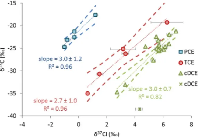 Fig. 6. Dual C \\ Cl isotope slopes associated with PCE, TCE and cDCE. One C \\ Cl isotopic composition ofcDCE which did not align with the others is represented separately as a cross