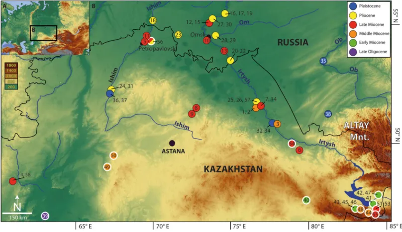Figure 1 Map of Eurasia (A) showing location of the Western Siberian studied fossil sites (B) (1–38, 58; black—thin outlined circles) as well as localities known from the literature (39–57; white—thick outlined circles)