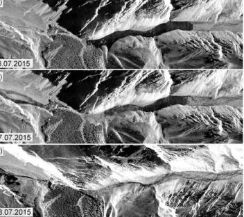 Figure 12. Radar backscatter images of the glacier terminus show- show-ing the lake (a) 11 days before drainage, (b) just after the start of drainage, and (c) after the lake drainage