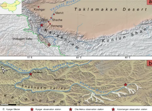 Figure 1. Location of (a) the Shaksgam Valley on the north side of the Karakoram Mountains in western China and (b) Kyagar Glacier in the Upper Shaksgam Valley