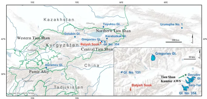 Fig. 1. Location map of Batysh Sook Glacier, Inner Tien Shan, Kyrgyzstan. The black square indicates the inset and shows a zoom into the study area