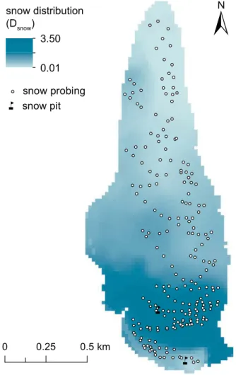 Fig. 4. Modelled snow distribution (D snow ) is normalized to an average of one. D snow is derived from a dense snow probing network obtained in May 2014