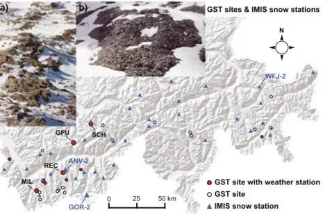 Figure 2 Ground surface temperature (GST) sites (circles) and Intercantonal Measurement and Information System (IMIS) snow stations (blue triangles) in the Swiss Alps