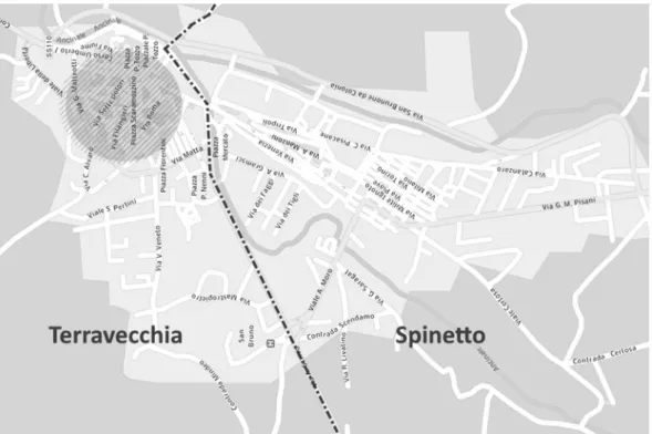 Fig. 2: The map of the village of Serra San Bruno. The line marks the border between the two   districts