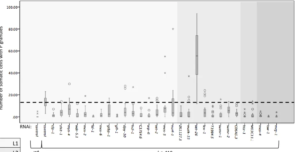 Figure S3:  Suppression of let-418 ectopic P granule expression. All 29 RNAi clones were tested for their ability to  suppress let-418 ectopic P granule expression and all of them except set-26 show a suppression effect