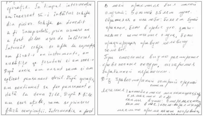 Abbildung 8: Textausschnitte aus den Berichten einer Ärztin in rumänischer und russischer Sprache 