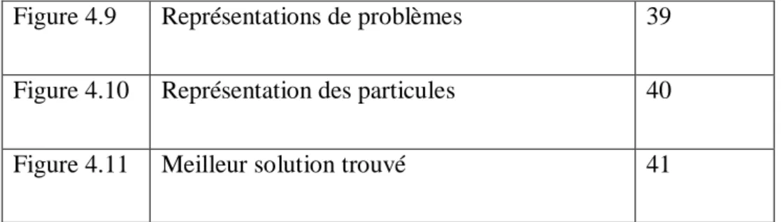 Figure 4.9  Représentations de problèmes   39  Figure 4.10   Représentation des particules   40  Figure 4.11  Meilleur solution trouvé   41 