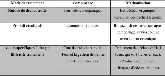 Tableau 1 : Comparaison entre la méthanisation et le compostage (A.D.E.M.E, 2019). 