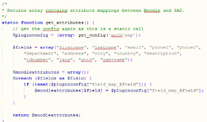 Figure 9: Code référençant les champs disponibles sur Moodle et les champs récupérés sur SAP 