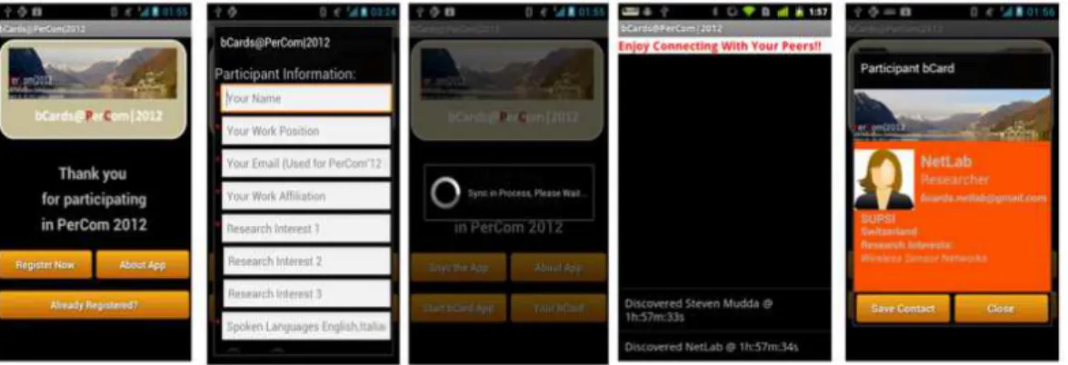 Figure 3.3. Screenshots of bCards Application deployed during PerCom 2012 to collect contact data.