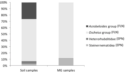 Fig.  5. Relative  proportions  of  emerging  EPN  species  in  both  soil  samples  and  MG  samples  (Koch’s  postulate  cadavers)  after  Galleria  mellonella  baiting