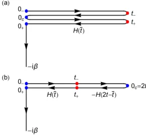 FIG. 1. Two types of extended [(a) doubly folded and (b) singly folded] Kadanoff-Baym contours ˜ C , which are equivalent