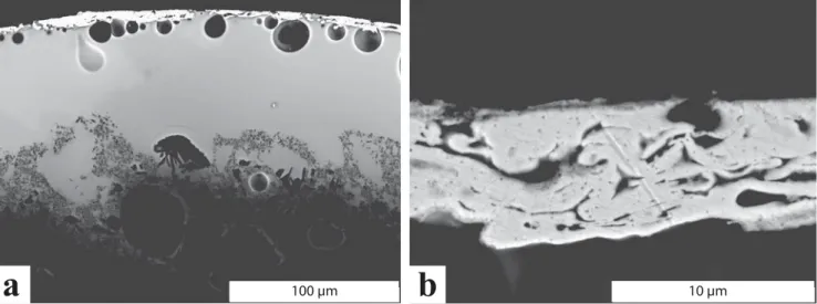 Fig. 11. SEM-BSE picture of the gold gilding showing (a) many black pores of different size at the contact to the underlying glaze (grey) and (b) the internal structure of the folded gold layers.
