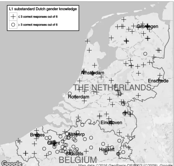 Figure 3: Knowledge of substandard Southern Dutch gender according to where the  participants grew up